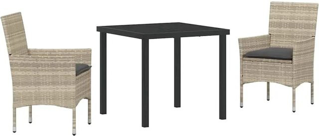 vidaXL Garten Essgruppe aus Poly Rattan und Glas in Hellgrau, 3-teilig mit Kissen - Bild 1