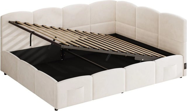okwish Polsterbett aus Samt mit Bettkasten und USB-Ladeport in Beige, B/T: 140 x 190 cm - Bild 1