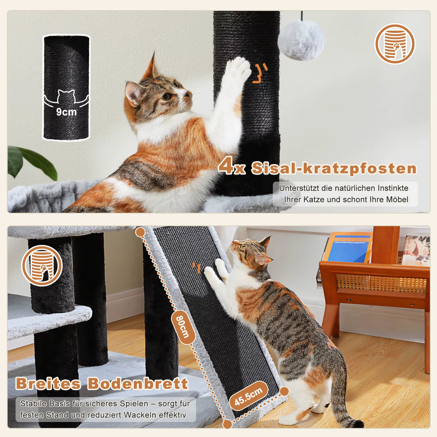 Luxuriöser Katzenbaum von PAWZ Road mit zwei Katzenhöhlen, Sisal-Kratzstämmen und einer großen Hängematte für erwachsene Katzen - Bild 1