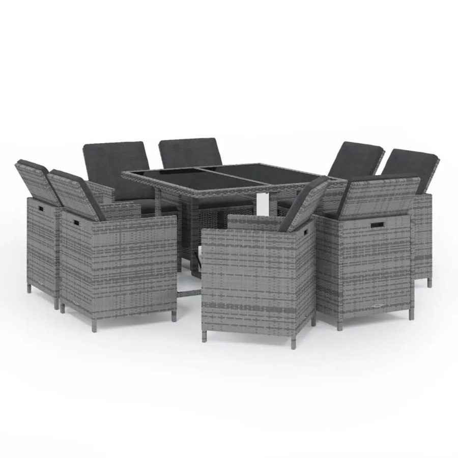 vidaXL 9-tlg Garten-Essgruppe aus Poly Rattan in Grau mit Auflagen und Glastisch - Bild 2