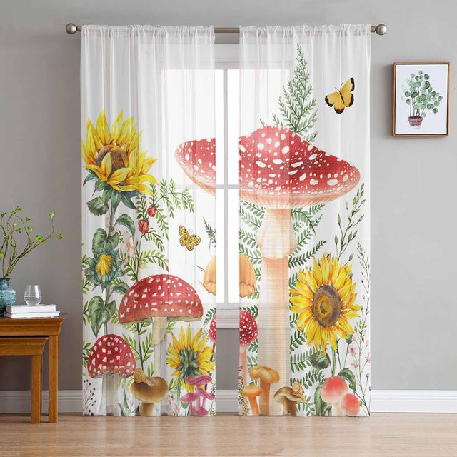 Transparente Voile-Vorhänge mit Pilz, Farn, Schmetterling und Sonnenblumen-Motiv in Weiß, B: 135 cm, H: 115 cm - Bild 1