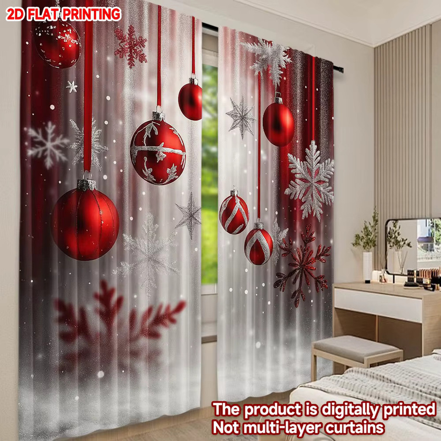 2er-Set Weihnachts-Vorhänge aus Polyester mit roten Ornamenten und Schneeflocken-Design - Bild 5