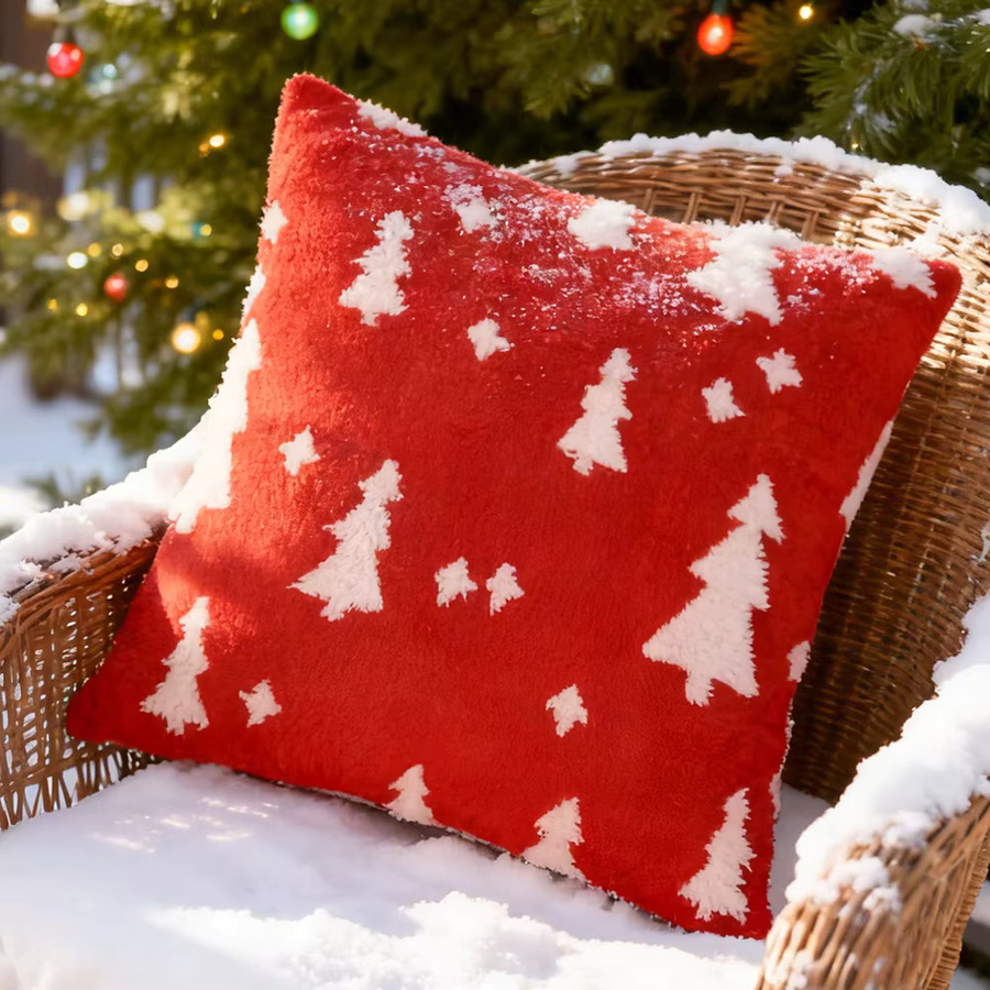 BUYNOW Plüsch Kissenbezug mit Weihnachtsbaum-Jacquard-Design für Sofa und Bett, Grau und Rot - Bild 3
