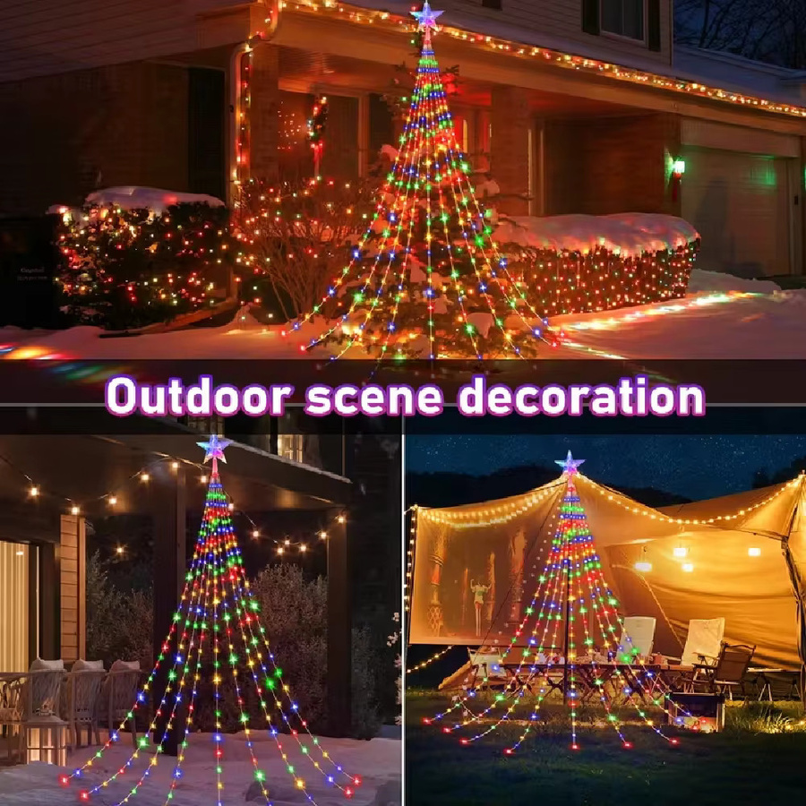 WELPUR Solarbetriebene LED Stern-Wasserfall-Lichterkette RGB Multicolour, IP67 wasserdicht, dekorative Vorhang-Lichterkette für Outdoor-Partys und Weihnachtsdeko - Bild 3
