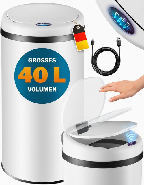 MONZANA Sensor Mülleimer aus Edelstahl in Weiß, 40l - Bild 1