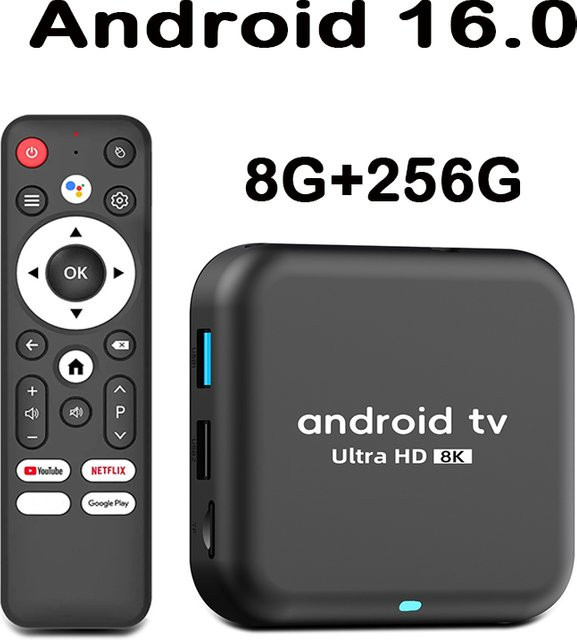Android 16.0 Smart TV Box mit Rockchip RK3518 Quad Core, 1080P Full HD, 4K und 8K Unterstützung, Media Streamer mit Bluetooth 5.0 und Netflix sowie YouTube, Schwarz - Bild 1