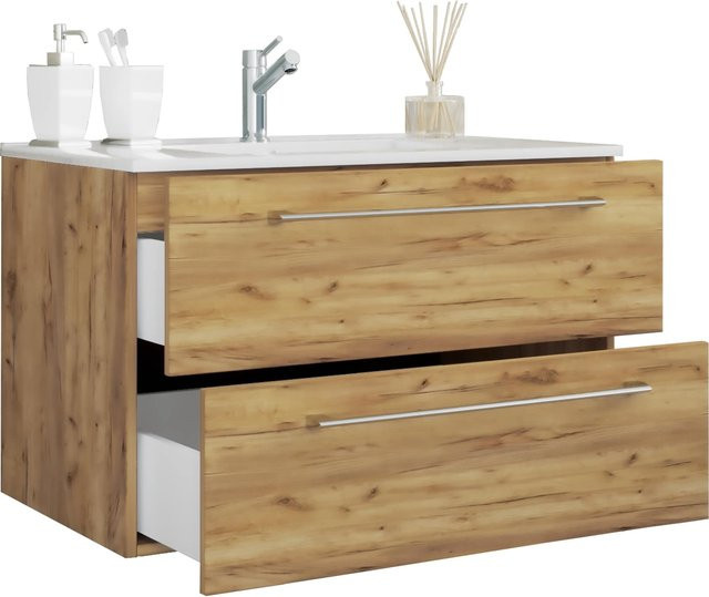 VCM Badinos 2-tlg. Badmöbel Set hängend mit Keramik-Waschtisch und Unterschrank in Weiss und Eiche, B/H/T: 60 x 52 x 46 cm - Bild 1