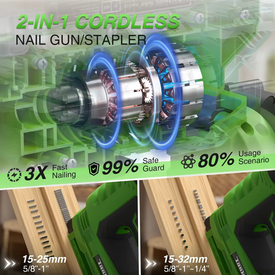 TaskStar 2-in-1 Elektrische Nagelpistole Kabellos mit 2,0Ah Akku und LED-Licht, Bürstenlose Nagelmaschine für Holz und Heimwerker, kompatibel mit Makita, Grün - Bild 5