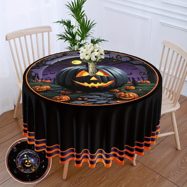 VIKAMA Halloween Tischdecke in Schwarz mit Kürbis, Fledermaus und Grabstein Muster, rund und wasserdicht - Bild 1