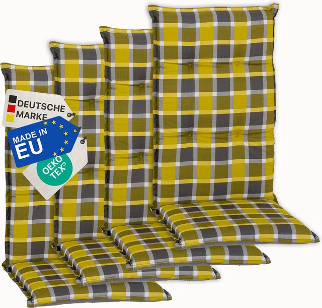 NYVI Gartenstuhl-Auflage Barcelona Hochlehnerauflage für Gartenstühle 4er Set Karo Gelb Grau - Bild 1