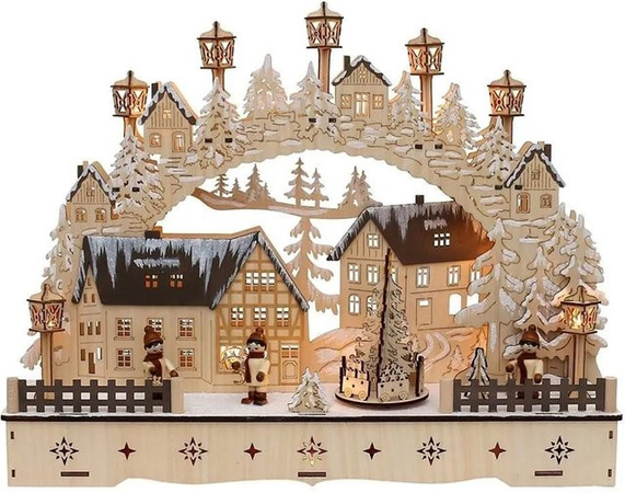 Dekohelden24 LED Holz Schwibbogen mit bewegtem Weihnachtsbaum und Laternenkinder, Farbe: Braun, B/T/H: 45 x 12 x 35 cm