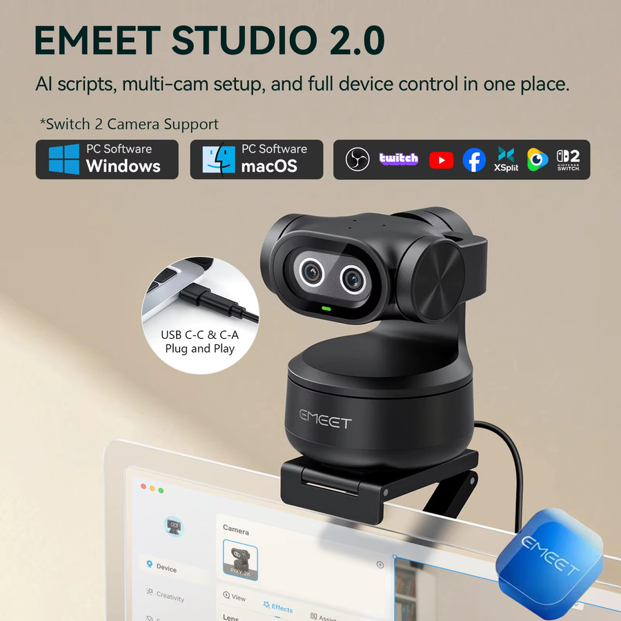 EMEET PIXY 2K Webcam in Schwarz mit Sony-Sensor, KI-Tracking, Gestensteuerung und PTZ-Funktion, Full HD 1080P 60fps Autofokus für Streaming und OBS - Bild 5