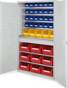 Kappes Grossraumschrank Mod. 30 Lochplattentüren in Grau mit Sichtfenstertüren, Regalböden, Schubladen und Schloss, H 195,0 cm x B 113,0 cm x T 59,0 cm - Bild 1