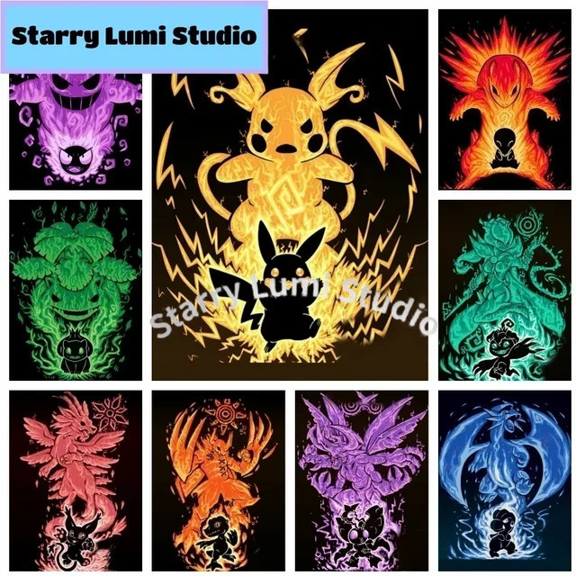 KAYOU Pokemon Silhouette 5D DIY Diamant-Malerei-Set, Pikachu Eevee Gengar Lucario, Mosaik - Bild 1
