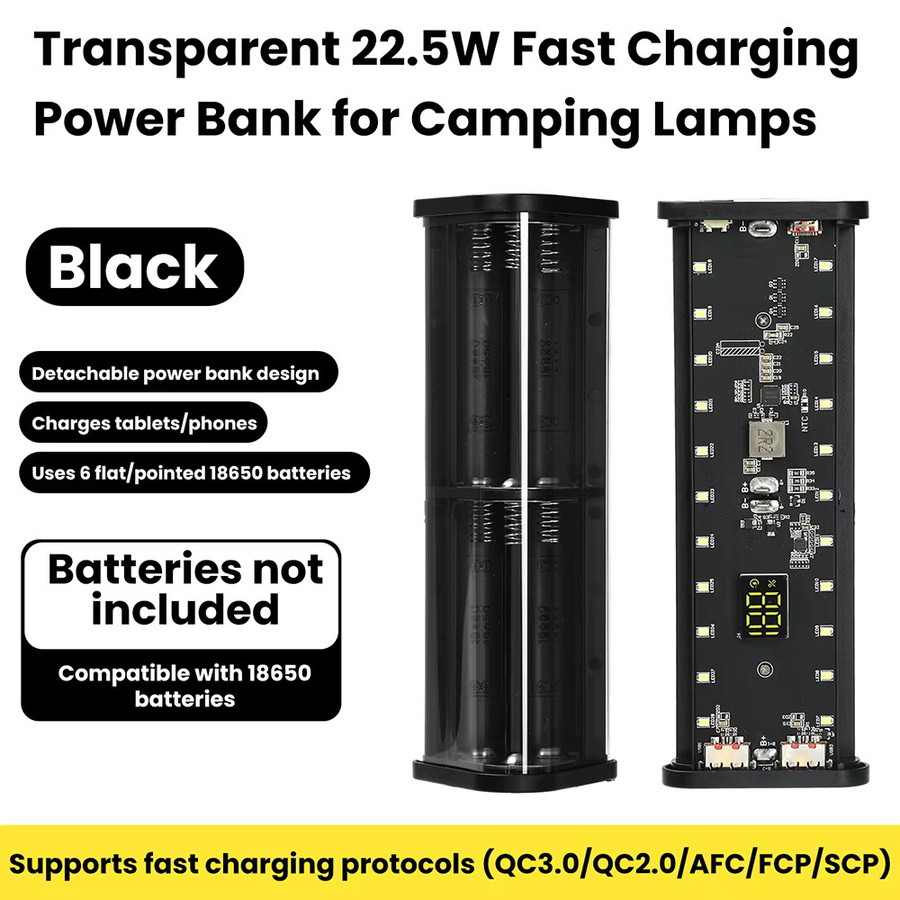 Aideepen DIY Powerbank Gehäuse für 6x 18650 Akkus, 22,5 W Schnellladefunktion, Transparent/Schwarz mit USB-C Port - Bild 6