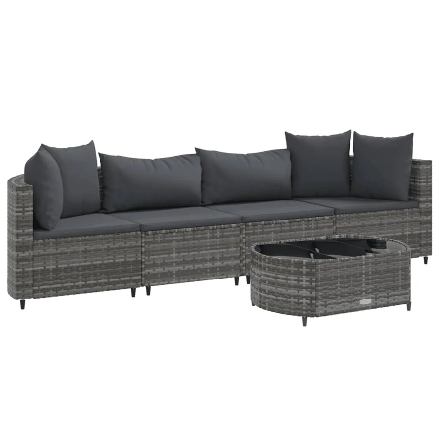 vidaXL 5-tlg Garten-Sofagarnitur in L-Form aus grauem PE-Rattan mit Kissen und Couchtisch - Bild 2