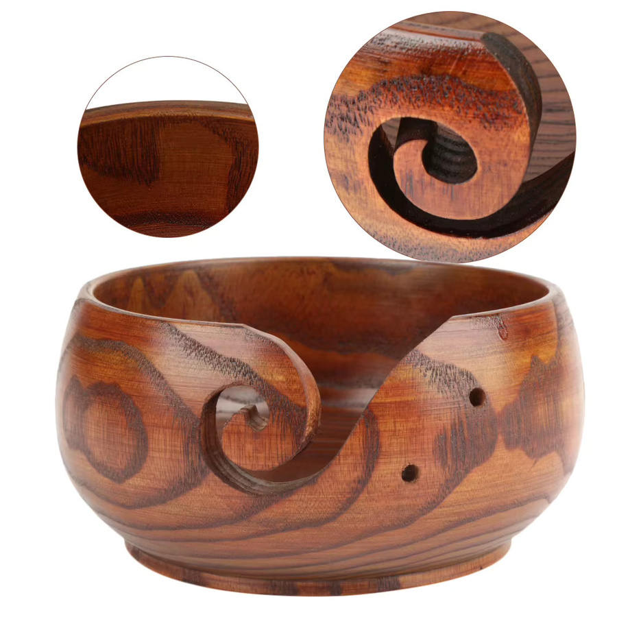 Handgefertigte Holzgarnschale von TOPINCN in Braun, runde Strickschale und Häkelschale im rustikalen Design, Durchmesser: 13 cm - Bild 3