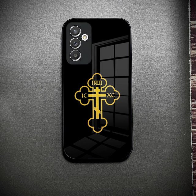Handyhülle mit Orthodoxes Kreuz I-Icon aus Glas für Samsung Galaxy S26 S25 S24 S23 S22 S21 S20 Ultra Plus A34 A15 A14 in Schwarz - Bild 1