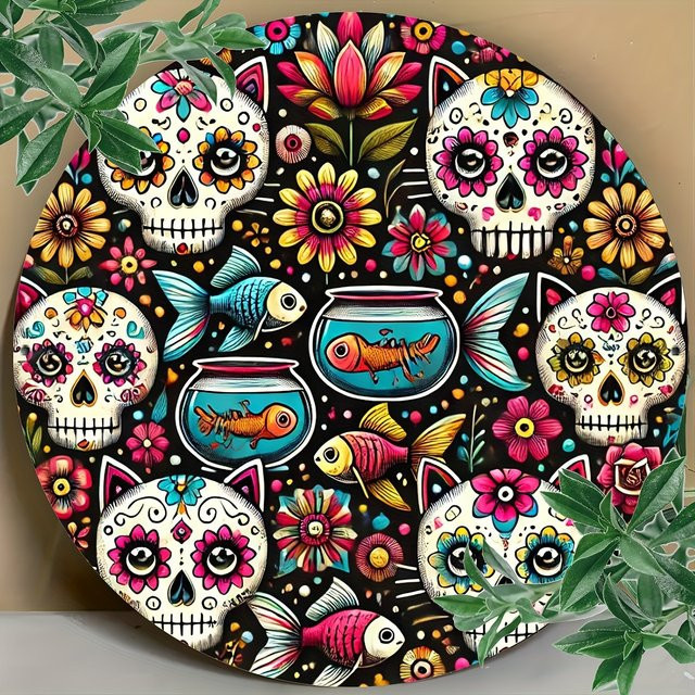 Potdemiel Zuckerschädel-Kranz-Schild, runde Aluminium-Dekoration für Dia de los Muertos und Cinco De Mayo, Mehrfarbig, Durchmesser: 20 cm - Bild 1