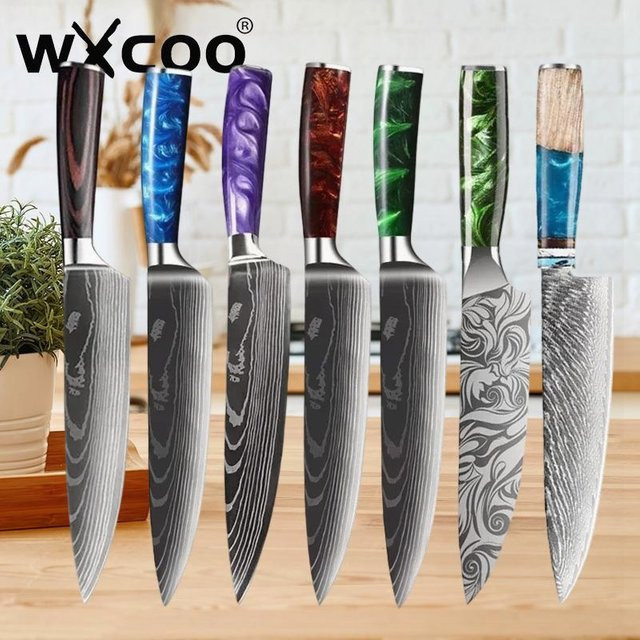 WXCOO Santoku-Kochmesser mit japanischem Damast-Muster und Holzgriff - Bild 1