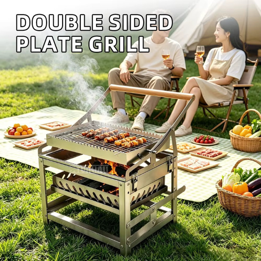 YunlinLi Flip-Side Holzkohlegrill BBQ aus Edelstahl in Silber mit doppelseitigem reversierbarem Design als Tischgrill - Bild 2
