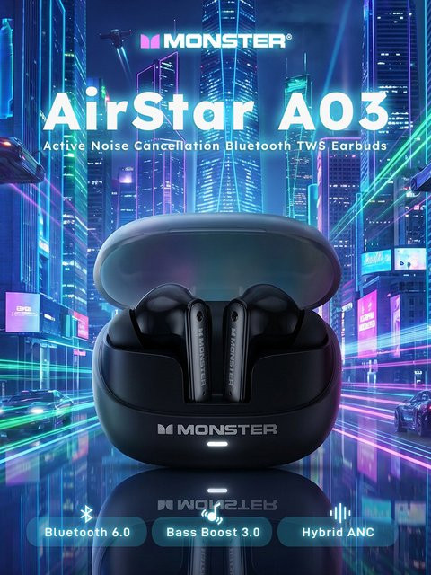 Monster Airstar A03 ANC Bluetooth 6.0 TWS Kopfhörer mit aktiver Geräuschunterdrückung in Schwarz und Grün - Bild 1