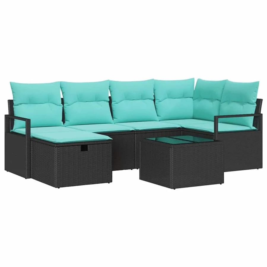 vidaXL 7-teiliges Lounge-Gartenmöbel-Set aus Poly-Rattan in Schwarz und Türkis mit Kissen und Couchtisch - Bild 2