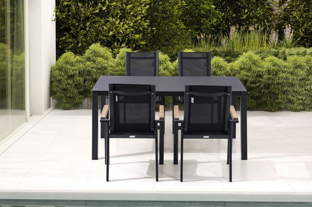 OUTFLEXX Garten-Essgruppe in Anthrazit Matt mit 4 Sesseln und Teak-Armlehnen, Tisch B: 160 cm, T: 95 cm, H: 74 cm - Bild 1