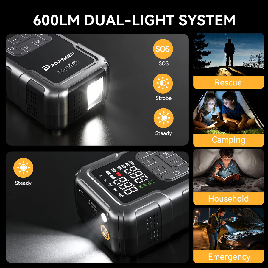 POPDEER PD-JA2 Starthilfegerät mit 4000A Booster, 160PSI Luftkompressor, Powerbank und 600LM Licht in Schwarz - Bild 4