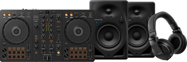 Pioneer DJ DJ-Controller DDJ-FLX4 mit HDJ-X5 Kopfhörern und DM-40D-BT Bluetooth Lautsprechern in Schwarz - Bild 1