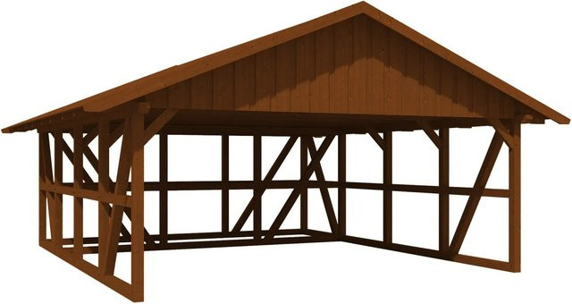 Skan Holz Carport Schwarzwald aus Fichtenholz mit Dachschalung, Abstellraum und Dachschindeln in Nussbaum Braun, B: 684 cm, T: 772 cm - Bild 1
