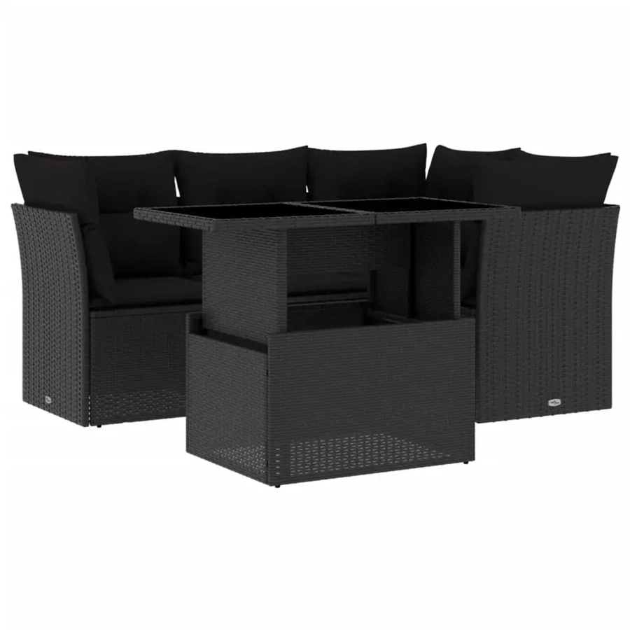 vidaXL 5-tlg Garten-Sofagarnitur in L-Form aus schwarzem Poly-Rattan mit Kissen und Gartentisch - Bild 2