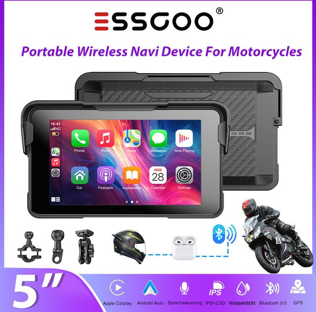 ESSGOO 5-Zoll Motorrad GPS-Navigationssystem mit Carplay und Android Auto, IP67 wasserdicht, Bluetooth, USB und TF, Schwarz - Bild 1