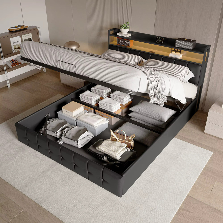 Anajqaqia Polsterbett mit Stauraum und Hydraulikfunktion, Doppelbett aus Leder, Schwarz, B/T: 160 x 200 cm - Bild 5