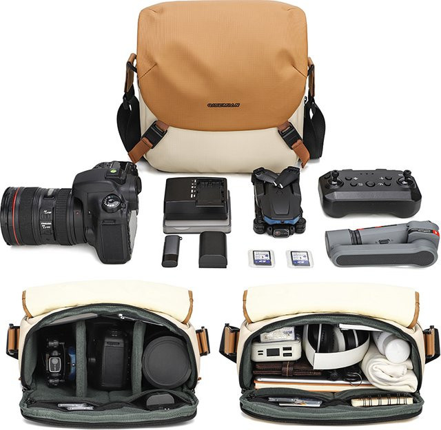 QISEMIAN Outdoor-Freizeit-Fototasche als Crossbody-Tasche für DSLR- und Einzelobjektiv-Kameras in Orange und Beige - Bild 1