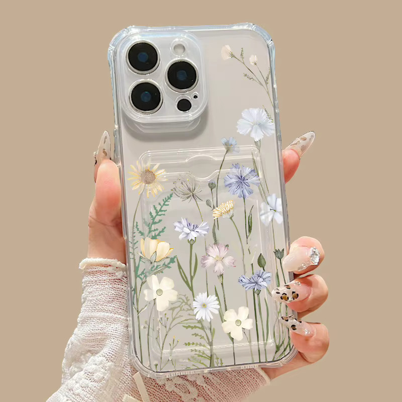MOESOE Schutzhülle mit Kartensteckplatz für iPhone 16 Pro 16e 15 14 13 Pro Max 12 11 mit Blumenmuster, stoßfeste transparente TPU-Silikon Handyhülle - Bild 2