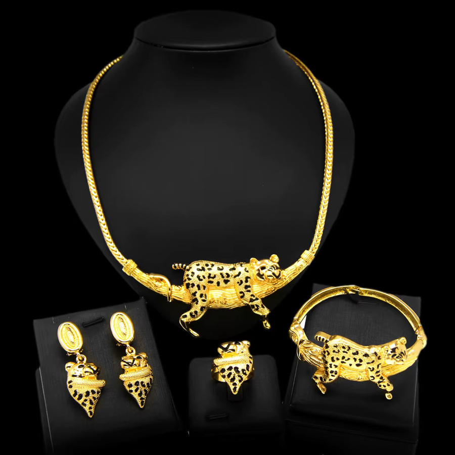 SYHOL Schmuckset Damen, Halskette, Ring, Armbänder, Kopfringe, Gold, Leopardenmuster - Bild 3