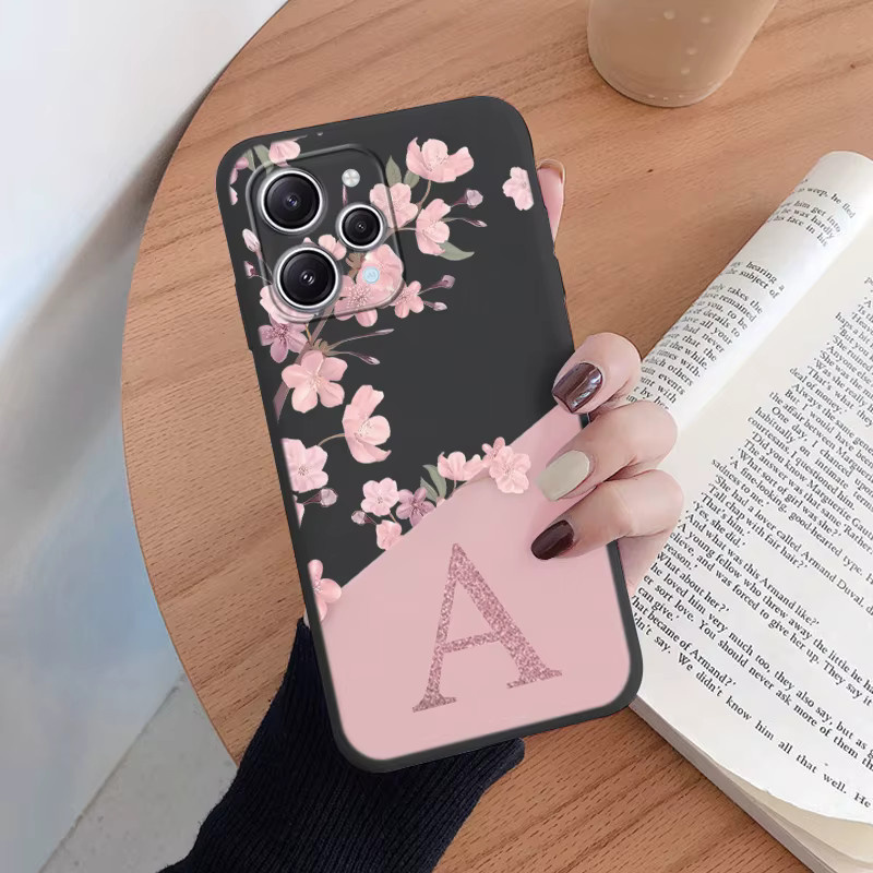 Silikon Handyhülle mit Blumenmuster und Anfangsbuchstabe für Xiaomi Redmi 12 und Redmi Note 14 Pro in Rosa - Bild 1