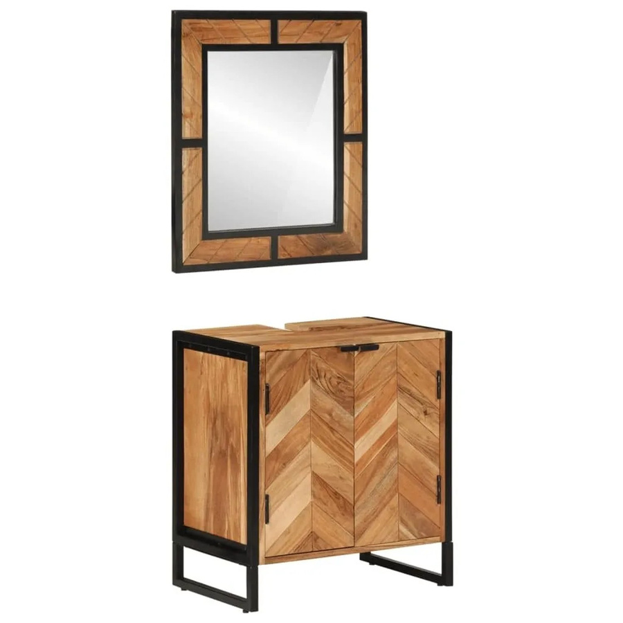 vidaXL 2-tlg Badmöbel-Set aus Akazie und Eisen in Braun mit Waschbeckenunterschrank und Spiegel im Industrie-Design - Bild 2