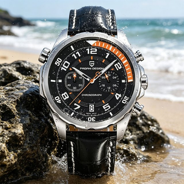 PAGANI DESIGN Chronograph, Quarz, Edelstahl, 44 mm, Leder, Herren, Schwarz - Bild 1