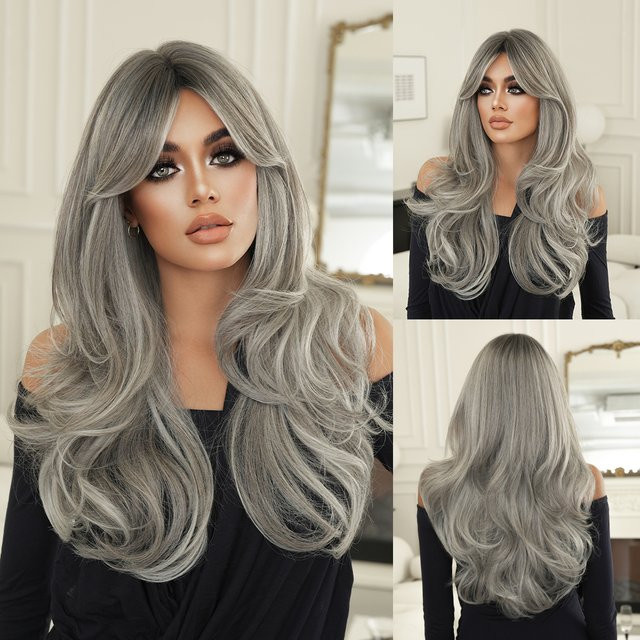 NAMM Perücke, lange wellige aschgraue Synthetik-Haare, dunkle Wurzeln - Bild 1