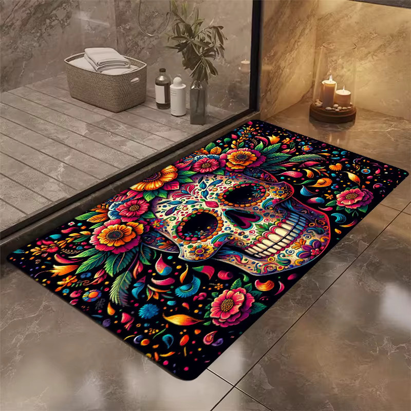 VIKAMA Halloween Totenkopf-Teppich, rutschfeste Bodenmatte im mexikanischen Tag der Totenfest Design, mehrfarbig, B/T: 60 x 40 cm - Bild 2