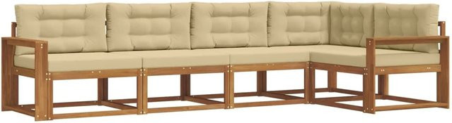 vidaXL Outdoor-Sofagarnitur 5-tlg. in L-Form aus Akazienholz mit Kissen, Natur und Beige - Bild 1