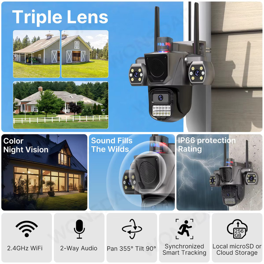 WONSDAR Outdoor-IP-Kamera mit drei Objektiven, WiFi-PTZ-Funktion, KI-Personenerkennung und Sound-Fill-Lautsprecher zur Videoüberwachung via ICSee - Bild 2