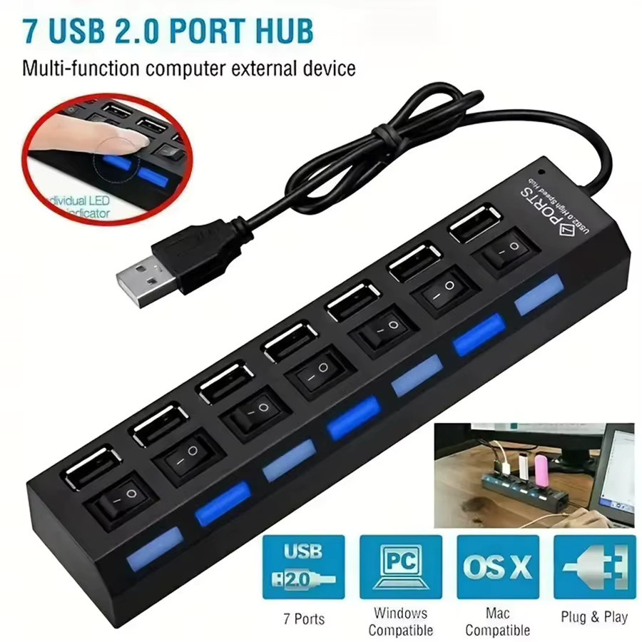 7-Port USB 2.0 Splitter mit Anti-Burnout-Schutz und Hochgeschwindigkeits-Synchronübertragung in Schwarz für PC, Laptop und andere Geräte - Bild 4