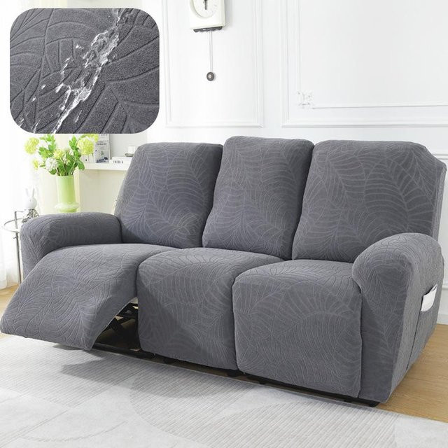 Elastischer Jacquard Sofabezug für Liegesessel von MILU, Stretch-Schonbezug für 1-Sitzer Relaxsessel in Dunkelgrau mit floralem Design - Bild 1