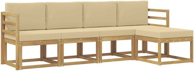 vidaXL Outdoor-Sofagarnitur in L-Form aus massivem Akazienholz mit Kissen, 5-teilig, Weiß und Beige - Bild 1