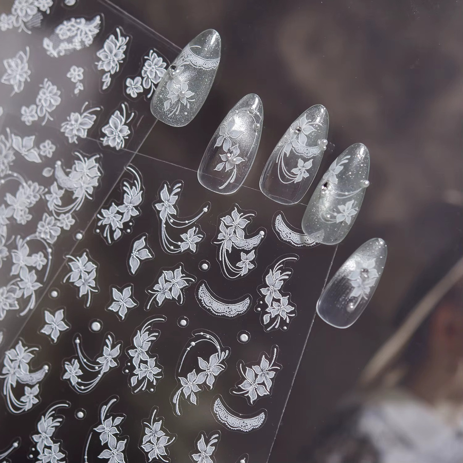 NAILFYOU Nagelaufkleber Weiße Spitzen-Blumen, 5D Geprägte Blumenrelief, Glänzend - Bild 2