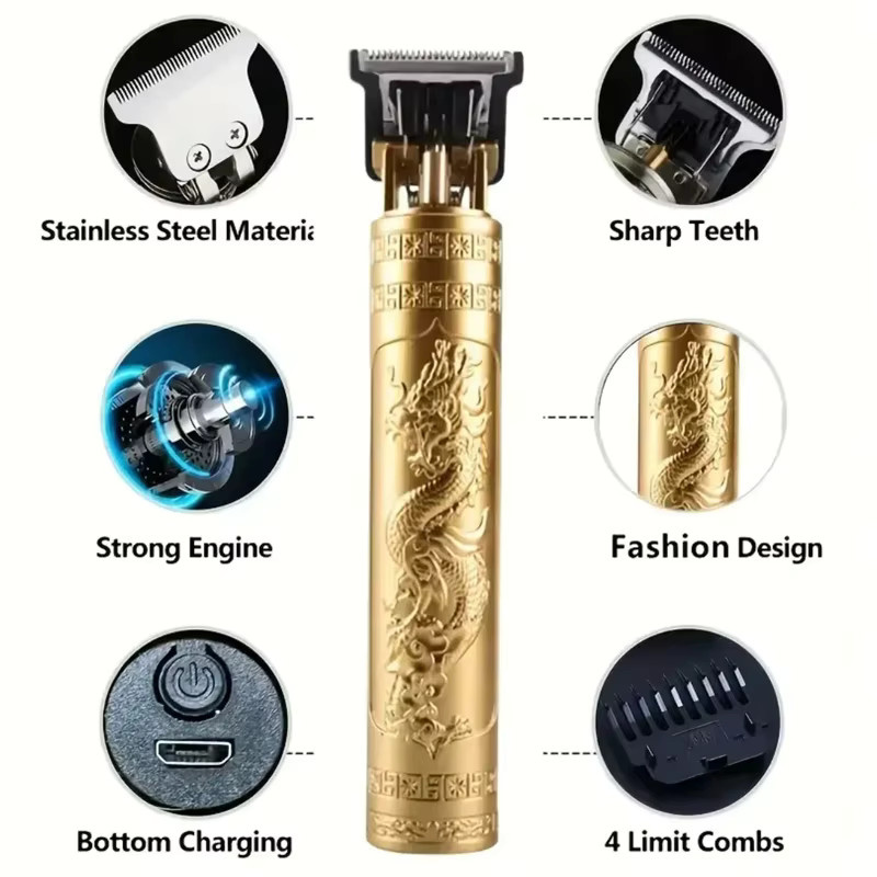 T9 Vintage USB Haarschneider professioneller Trimmer, wiederaufladbarer Rasierer in Gold - Bild 3
