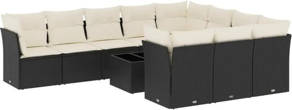 vidaXL 11-teilige Garten-Sofagarnitur in U-Form aus Poly-Rattan in Schwarz-Creme mit Kissen und Gartentisch